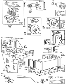 Fueltank,mufflers,carburetor Diagram and Parts List for 192702-0131-XX  Briggs and Stratton Engine